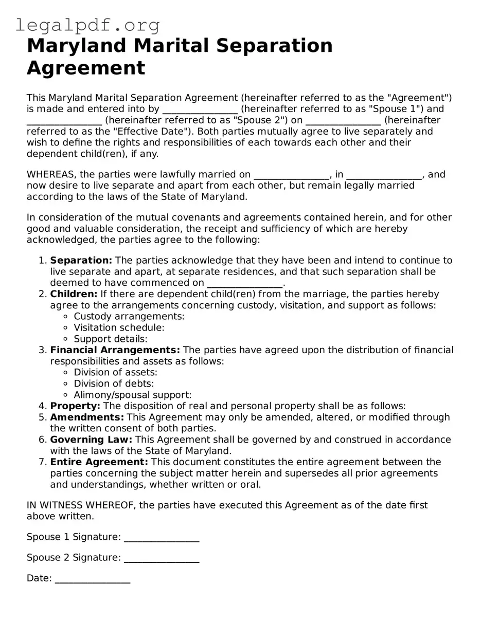 Valid  Marital Separation Agreement Template for Maryland