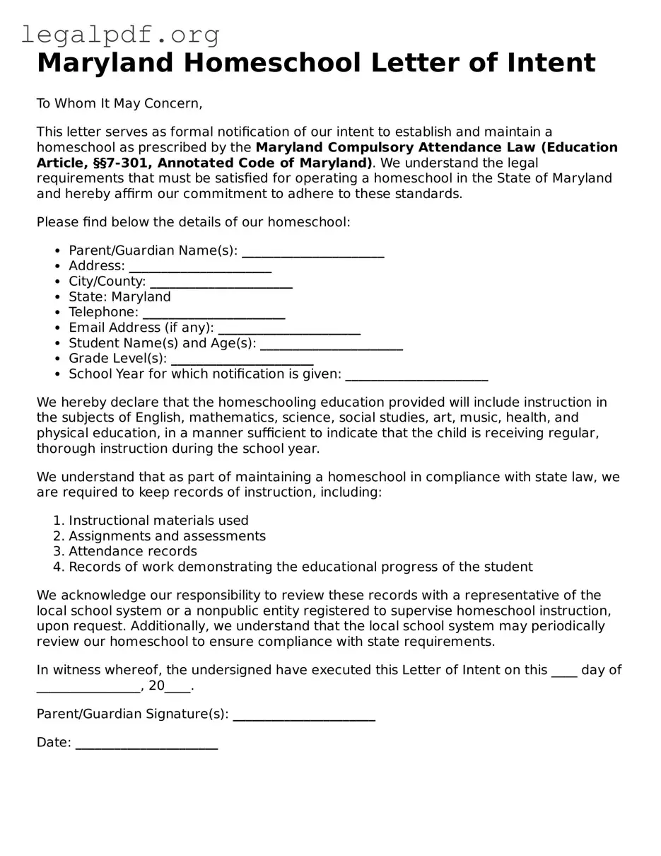 Valid  Homeschool Letter of Intent Template for Maryland