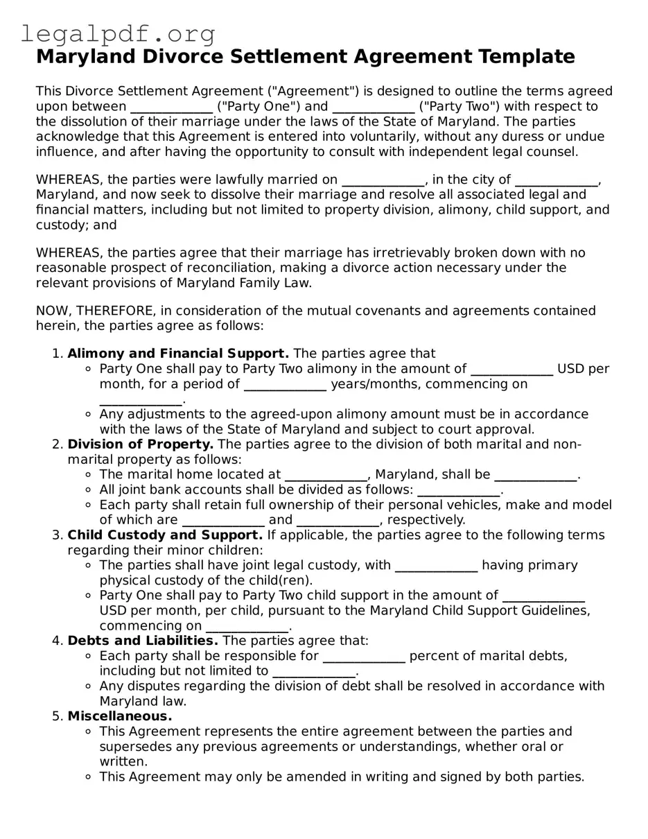 Valid  Divorce Settlement Agreement Template for Maryland