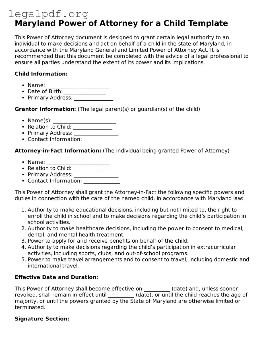 Valid  Power of Attorney for a Child Template for Maryland