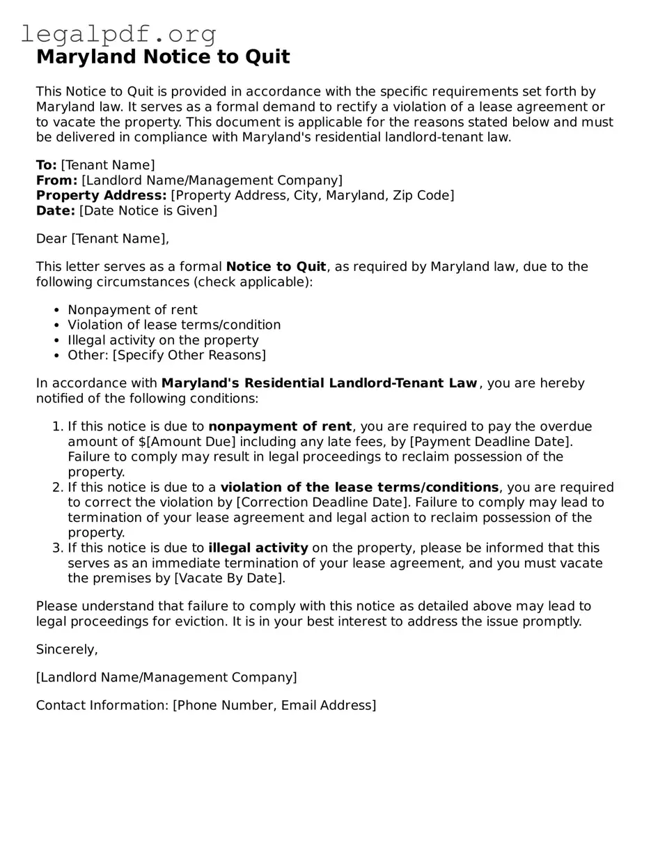 Valid  Notice to Quit Template for Maryland