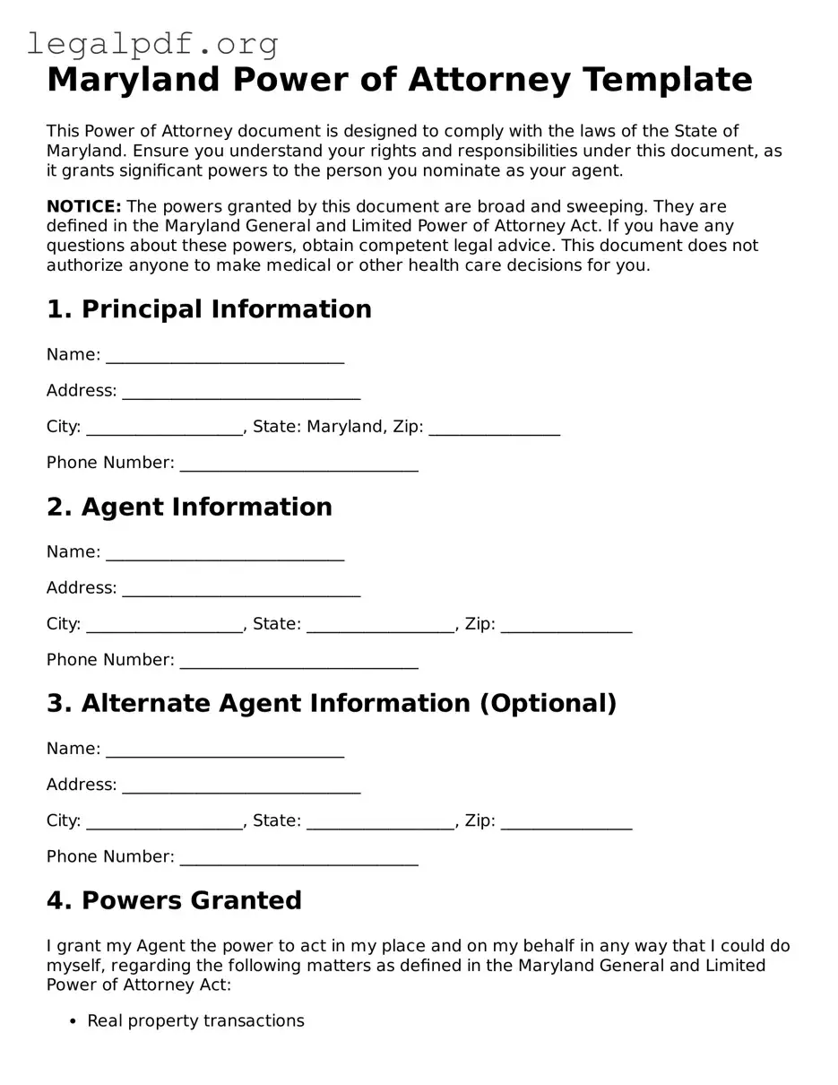 Valid  Power of Attorney Template for Maryland