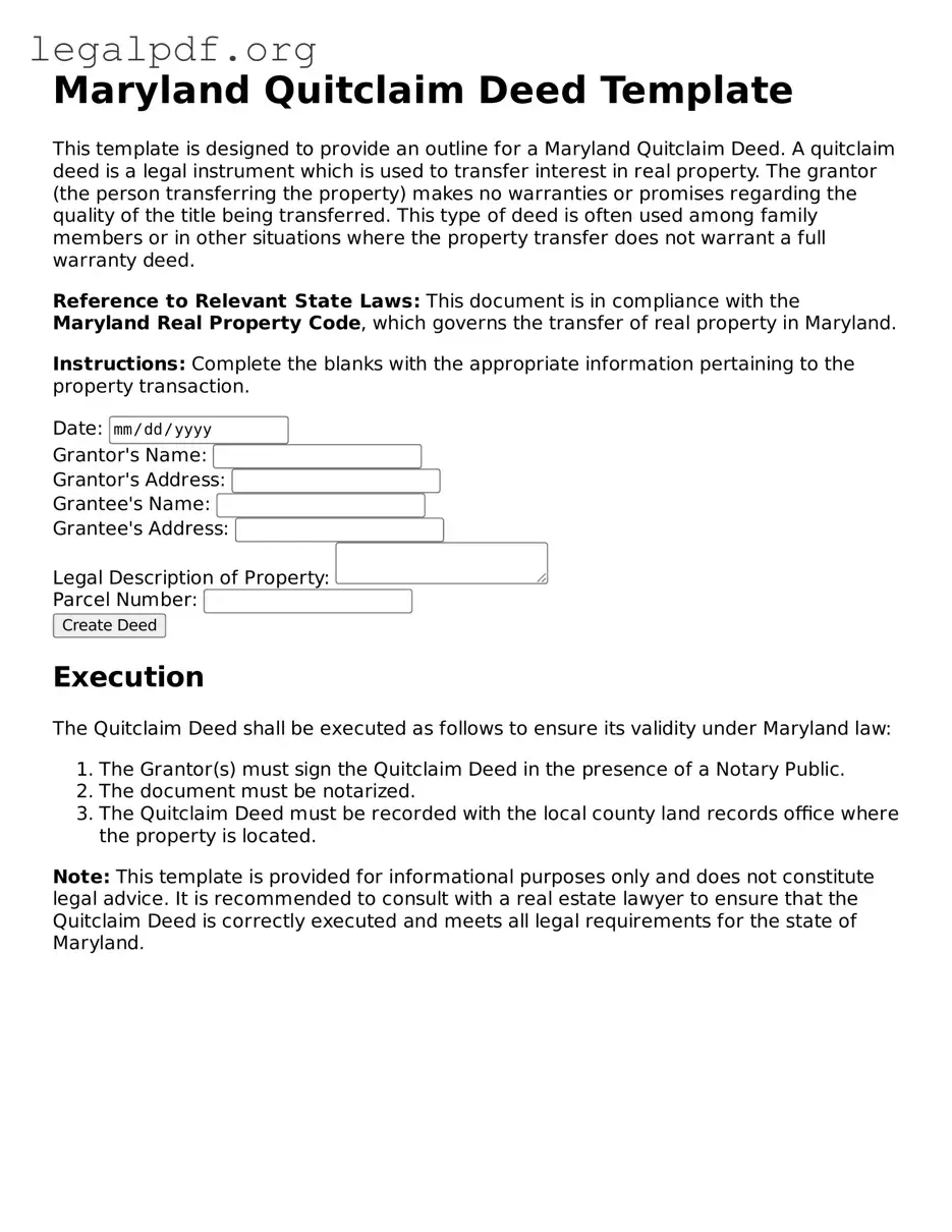 Valid  Quitclaim Deed Template for Maryland