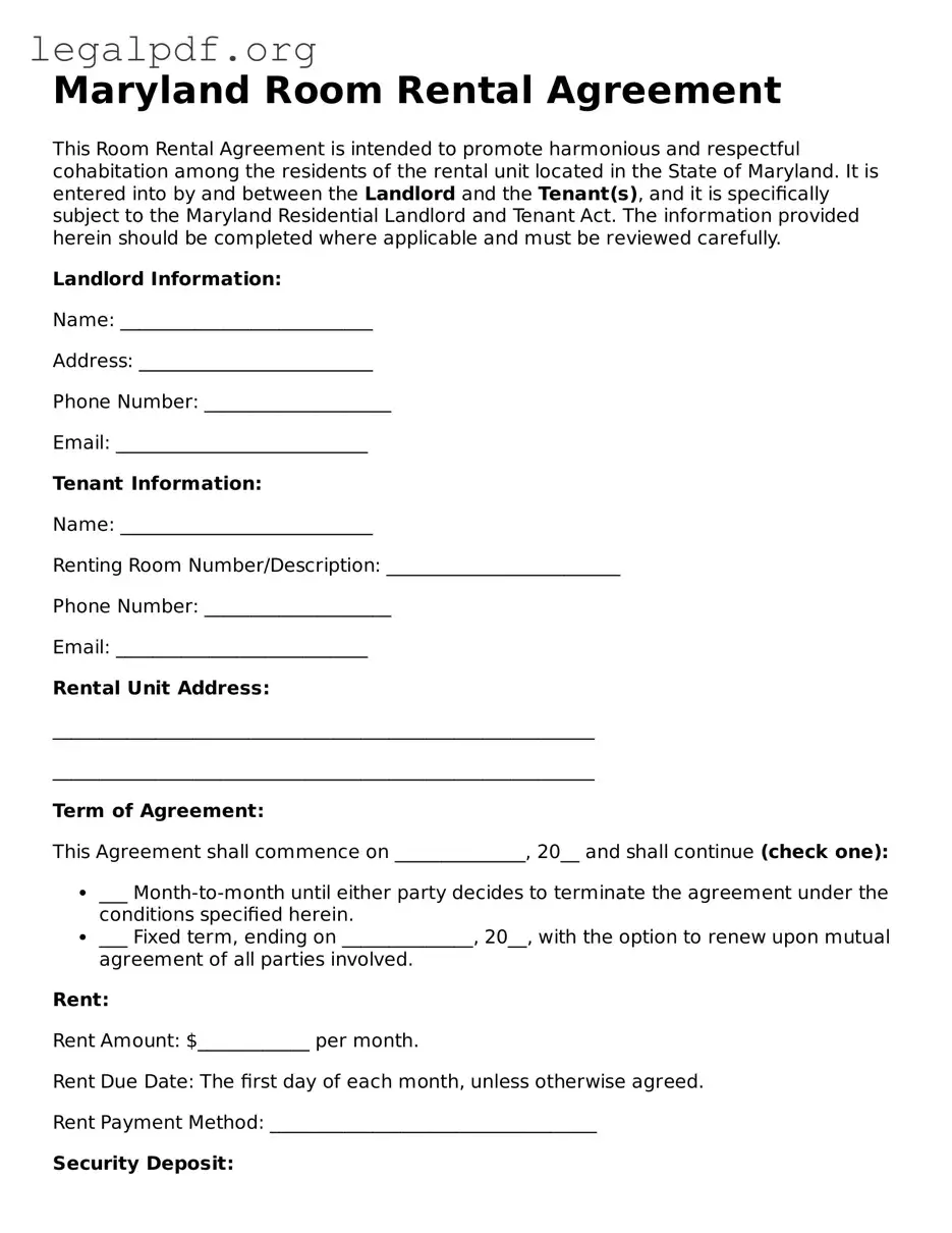 Valid  Room Rental Agreement Template for Maryland