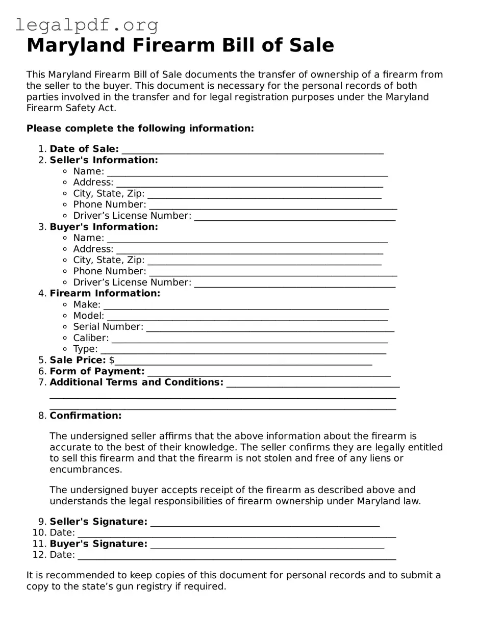 Valid  Firearm Bill of Sale Template for Maryland