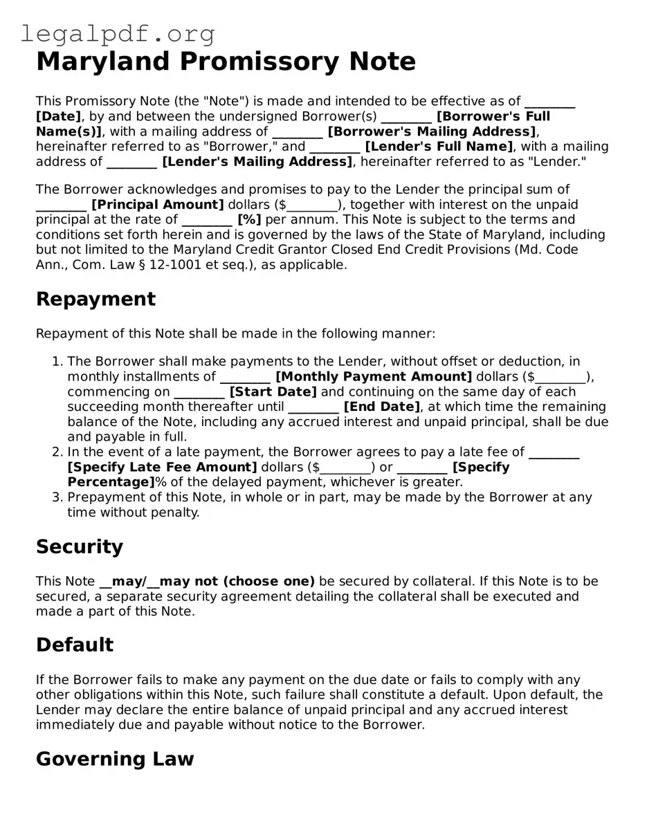 Valid  Promissory Note Template for Maryland