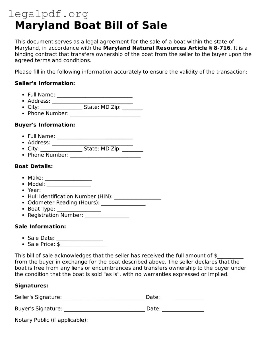 Valid  Boat Bill of Sale Template for Maryland