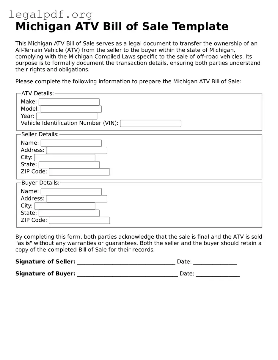 Valid  ATV Bill of Sale Template for Michigan