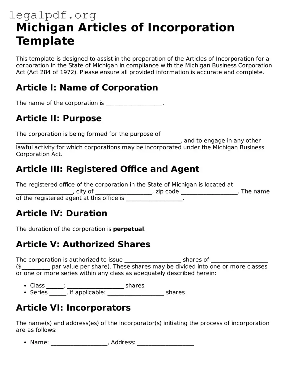 Valid  Articles of Incorporation Template for Michigan
