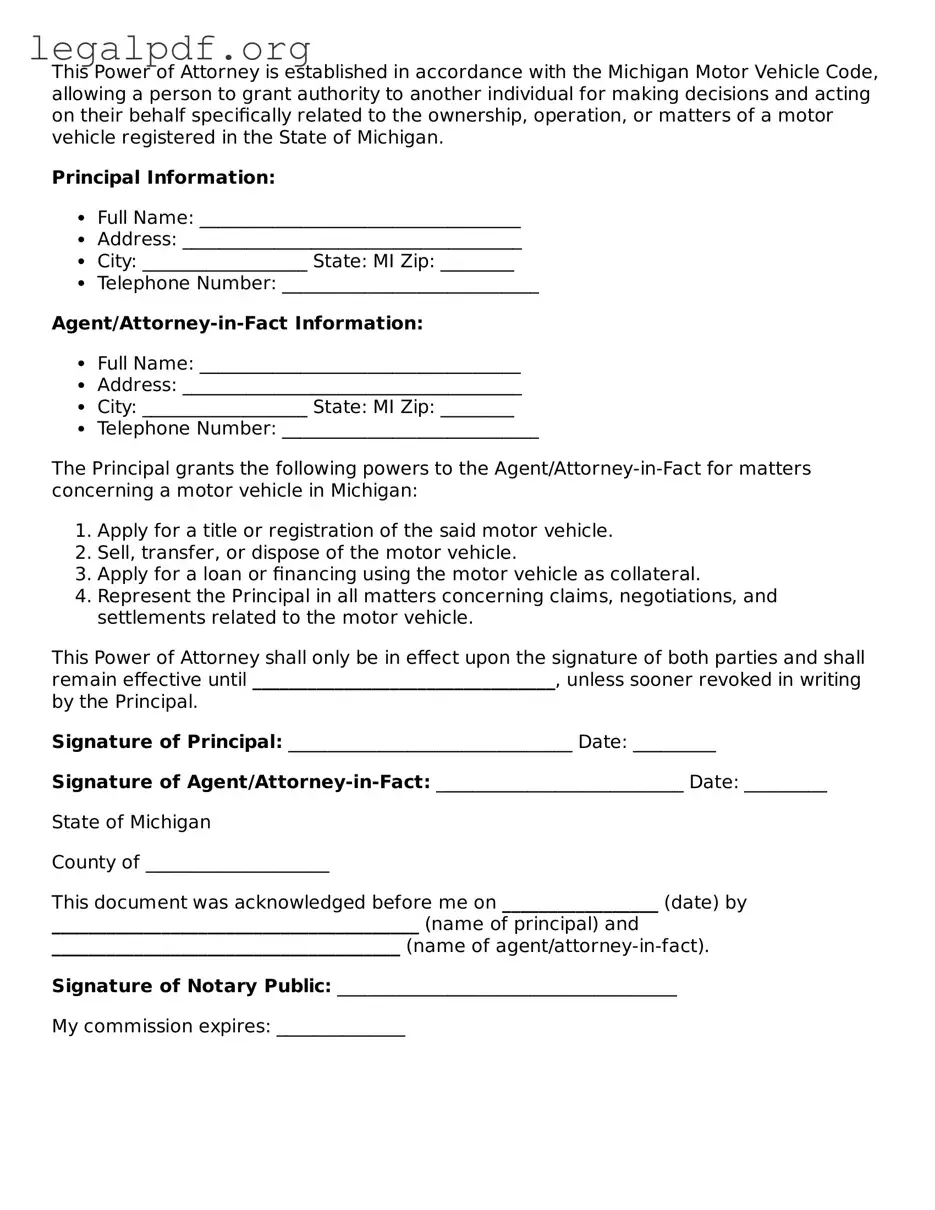 Valid  Motor Vehicle Power of Attorney Template for Michigan