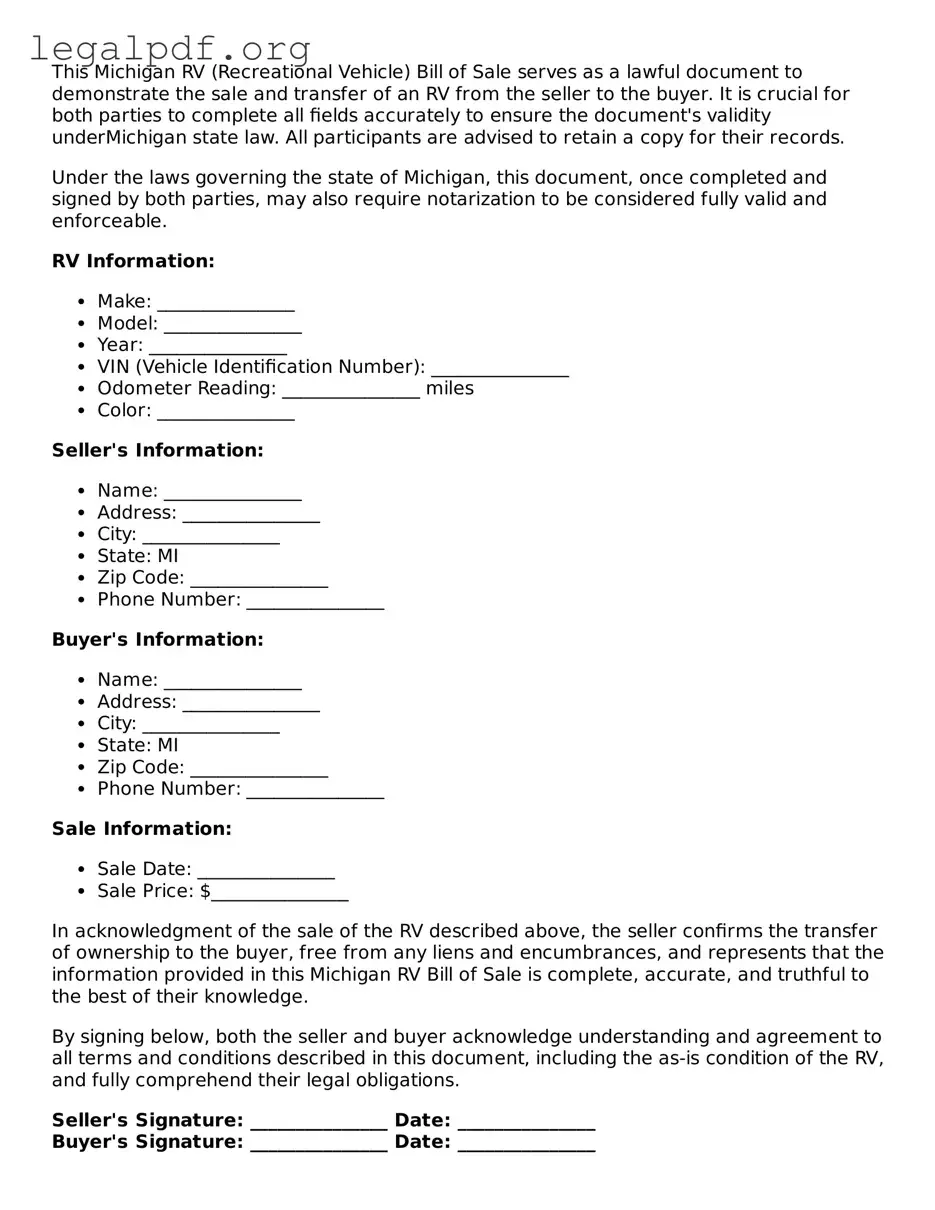 Valid  RV Bill of Sale Template for Michigan