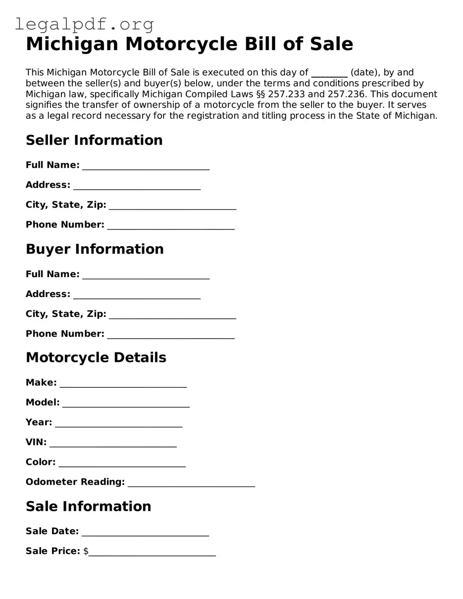 Valid  Motorcycle Bill of Sale Template for Michigan