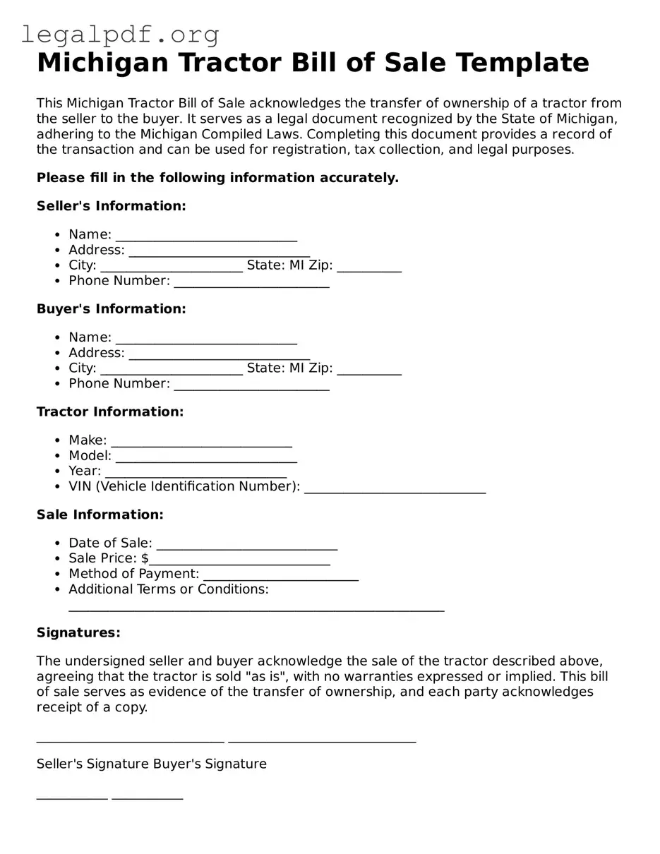 Valid  Tractor Bill of Sale Template for Michigan
