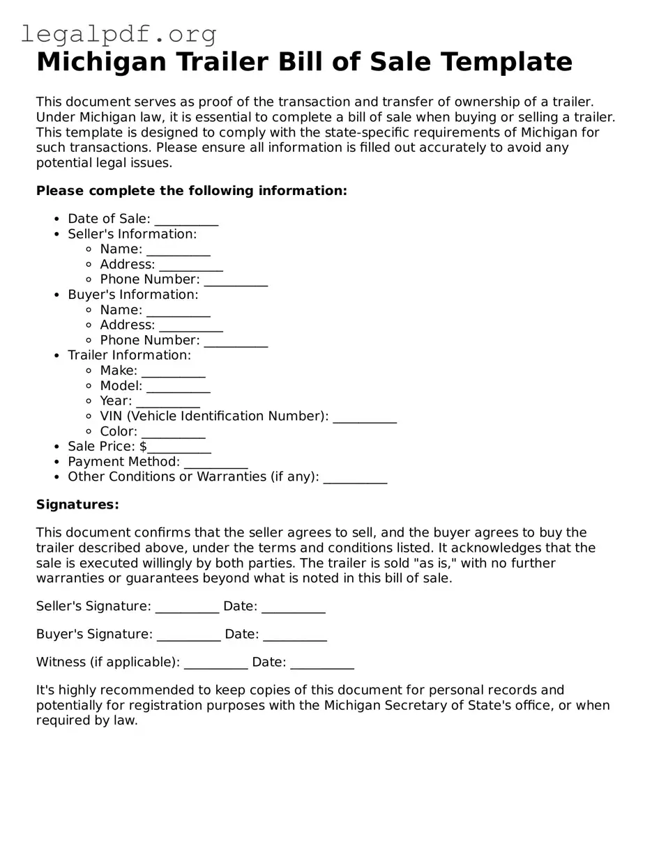 Valid  Trailer Bill of Sale Template for Michigan
