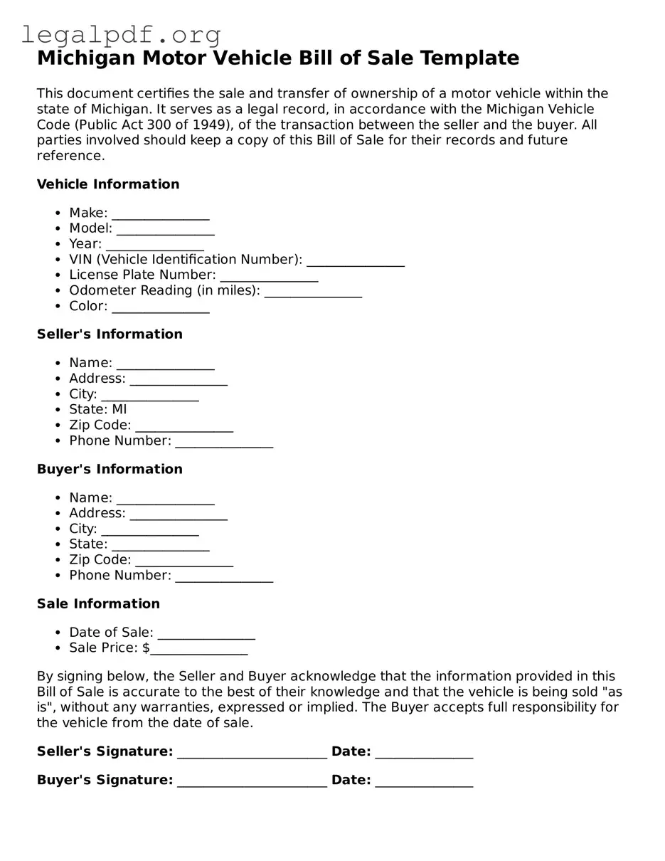 Valid  Motor Vehicle Bill of Sale Template for Michigan