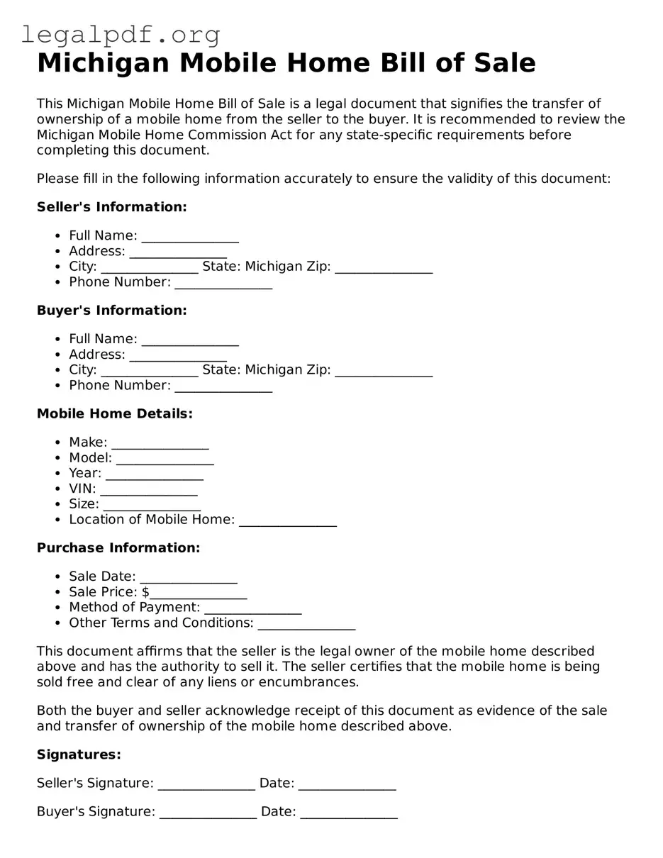 Valid  Mobile Home Bill of Sale Template for Michigan