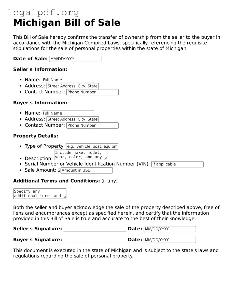 Valid  Bill of Sale Template for Michigan