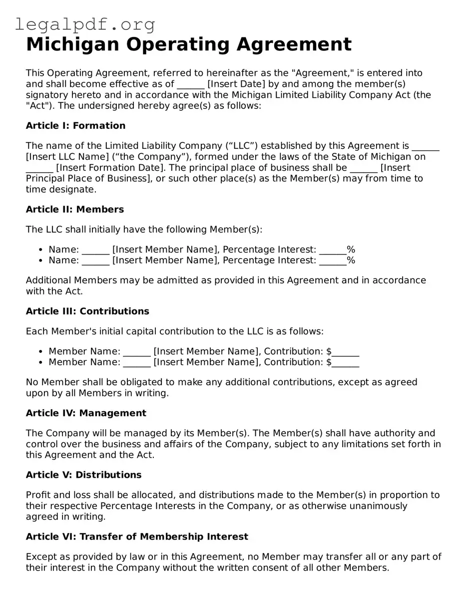 Valid  Operating Agreement Template for Michigan
