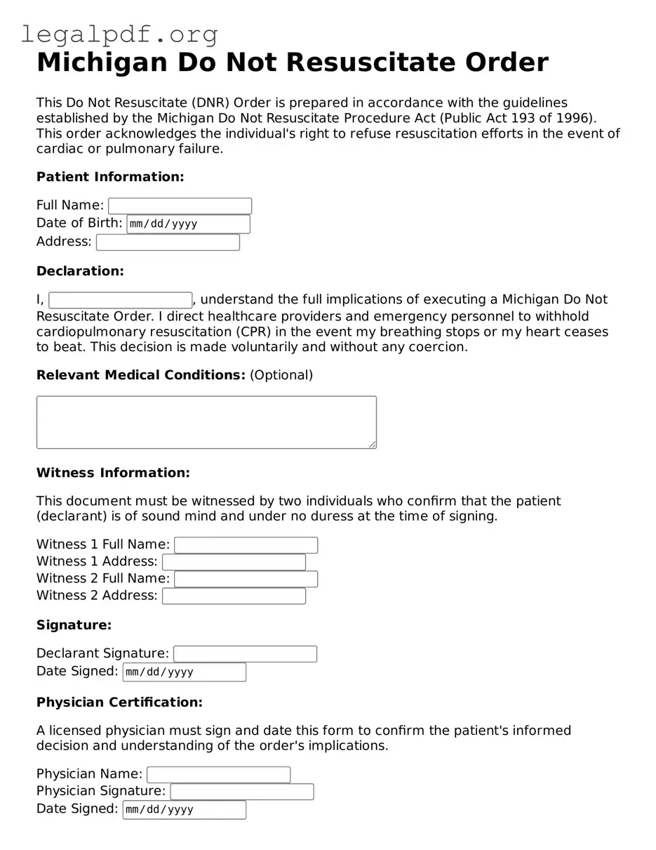 Valid  Do Not Resuscitate Order Template for Michigan