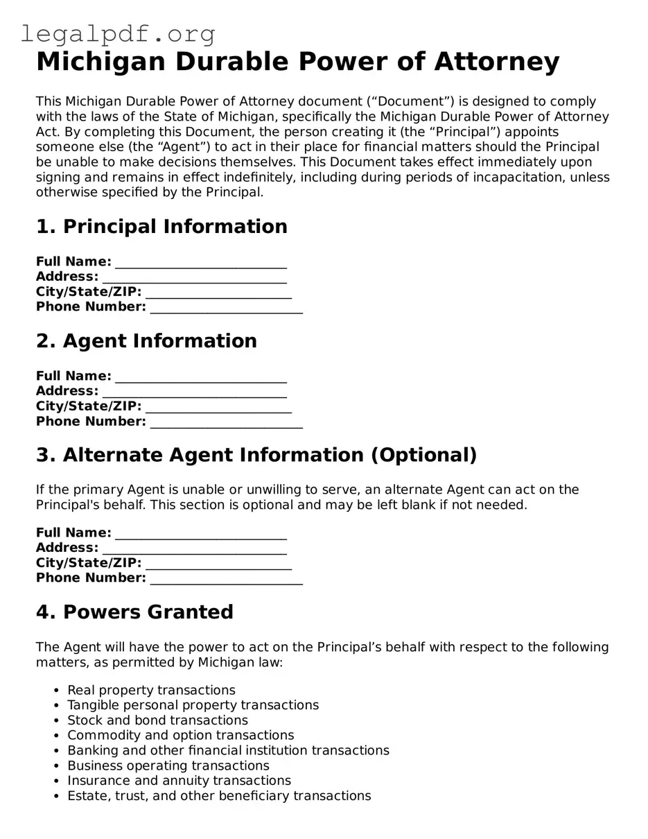 Valid  Durable Power of Attorney Template for Michigan