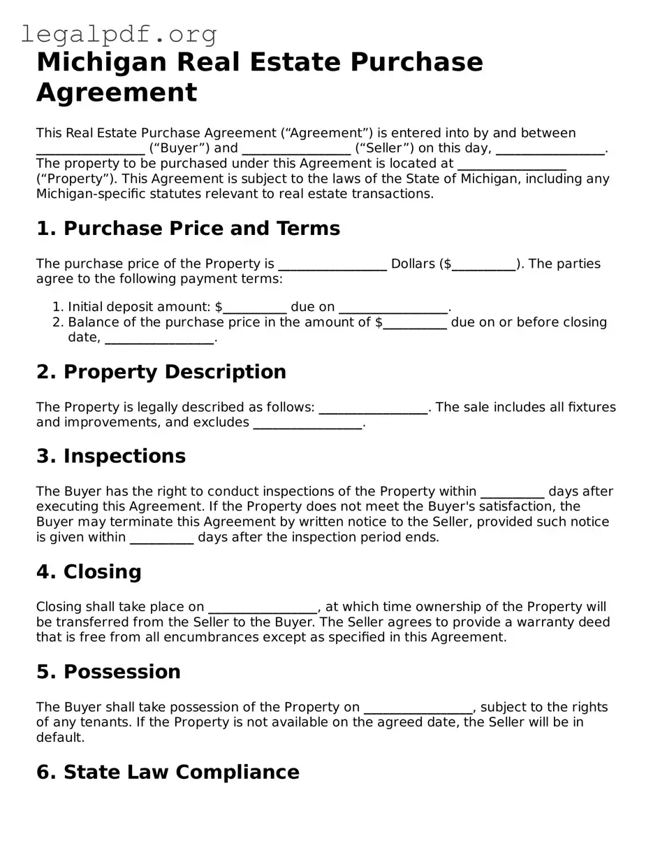 Valid  Real Estate Purchase Agreement Template for Michigan