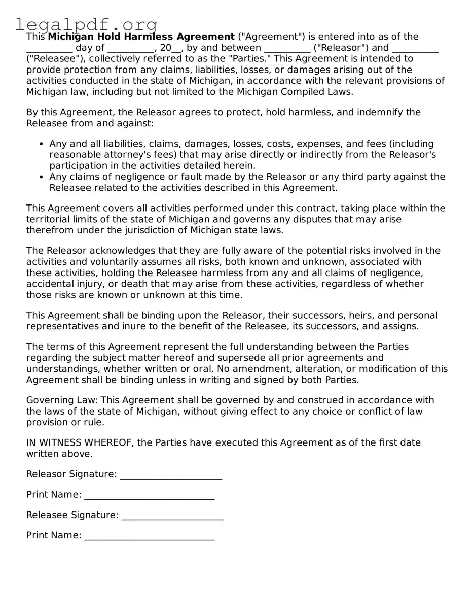 Valid  Hold Harmless Agreement Template for Michigan