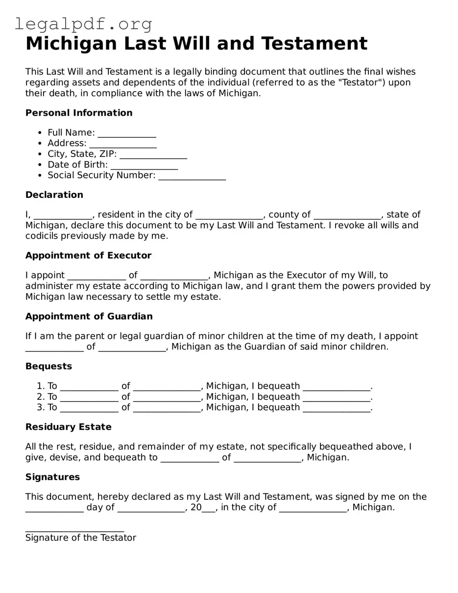 Valid  Last Will and Testament Template for Michigan