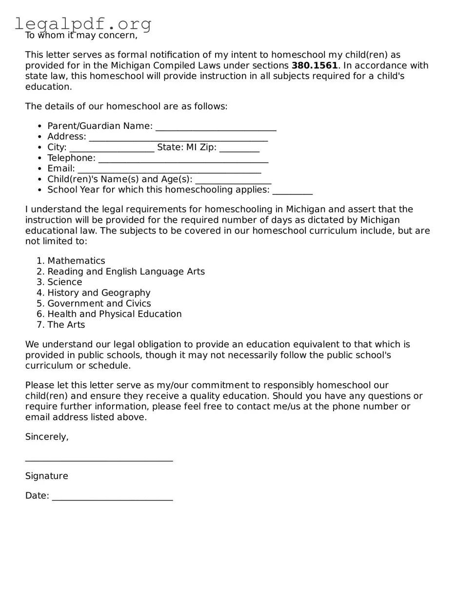 Valid  Homeschool Letter of Intent Template for Michigan