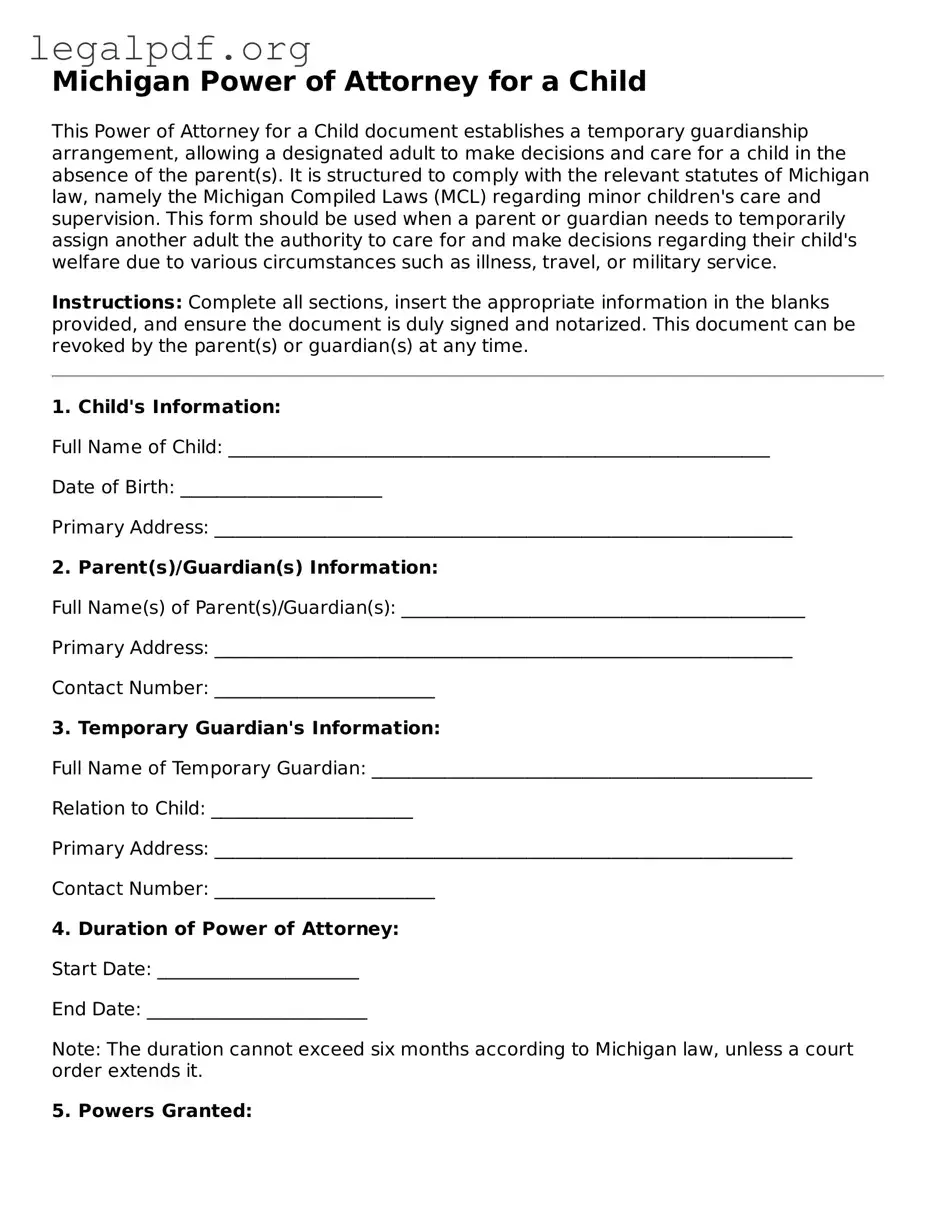 Valid  Power of Attorney for a Child Template for Michigan