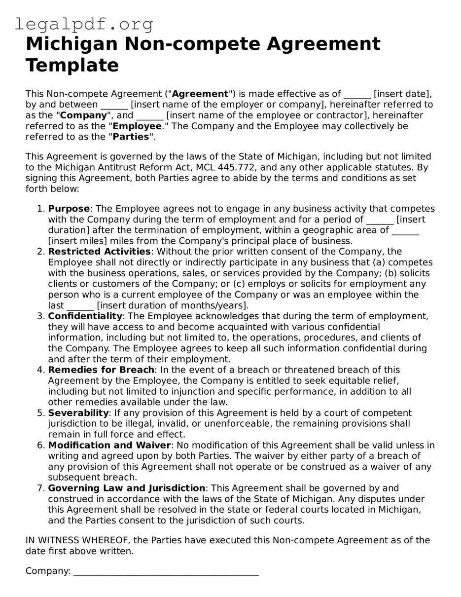 Valid  Non-compete Agreement Template for Michigan