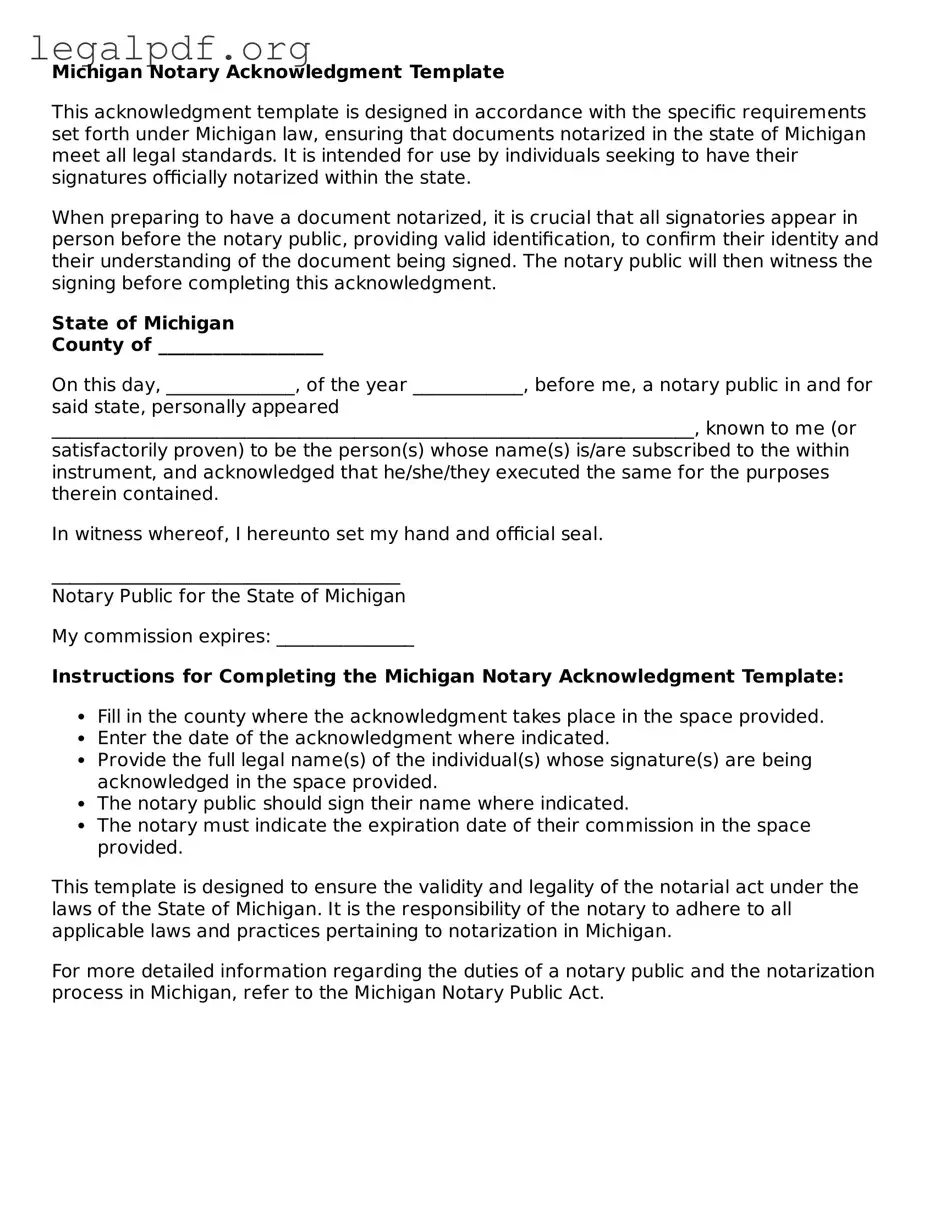 Valid  Notary Acknowledgement Template for Michigan