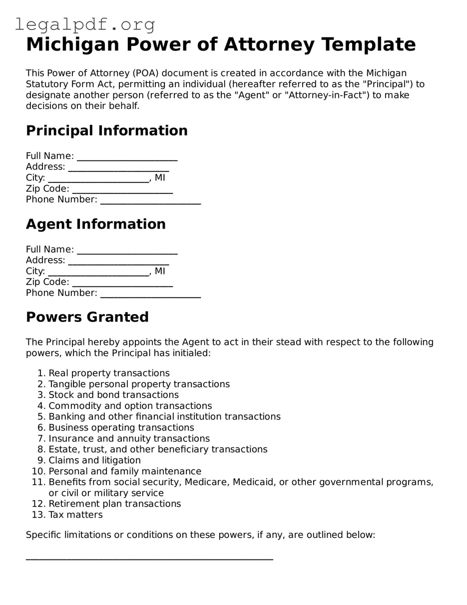 Valid  Power of Attorney Template for Michigan