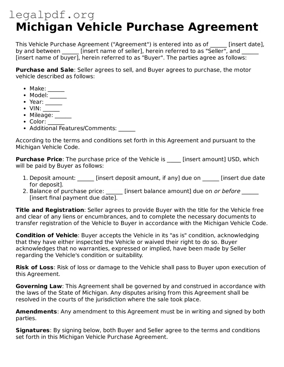 Valid  Vehicle Purchase Agreement Template for Michigan