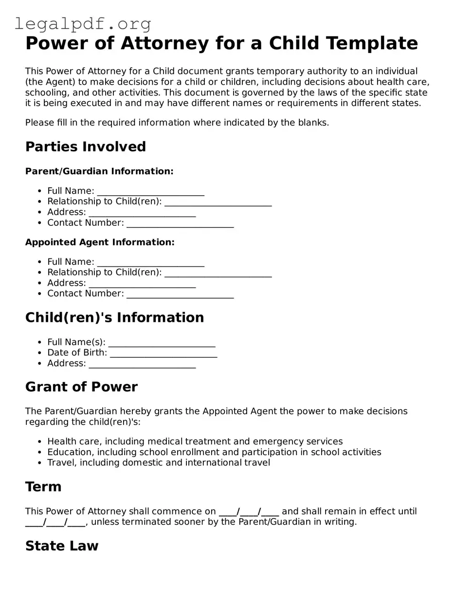 Blank Power of Attorney for a Child Document