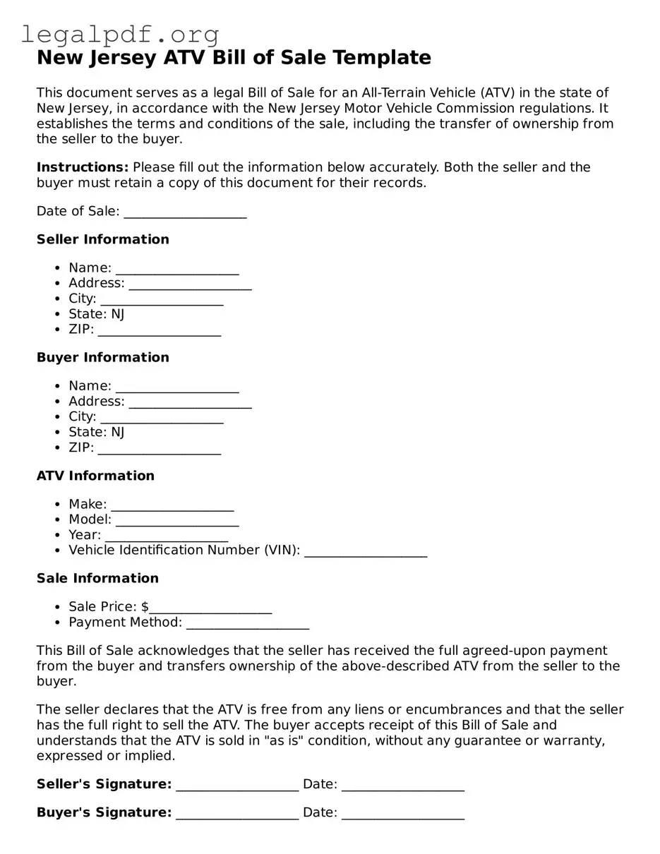 Valid  ATV Bill of Sale Template for New Jersey