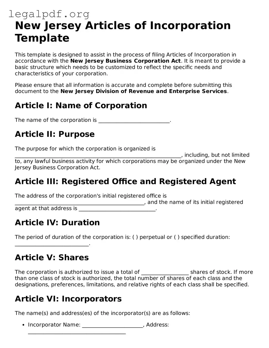 Valid  Articles of Incorporation Template for New Jersey