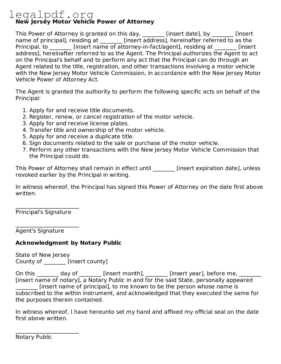 Valid  Motor Vehicle Power of Attorney Template for New Jersey