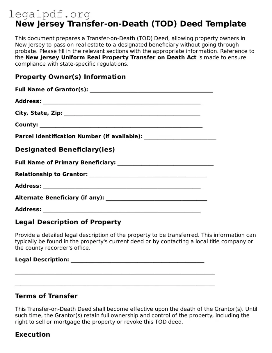 Valid  Transfer-on-Death Deed Template for New Jersey