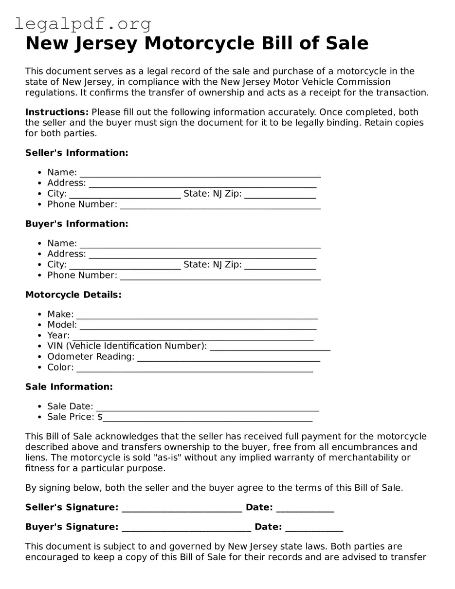 Valid  Motorcycle Bill of Sale Template for New Jersey