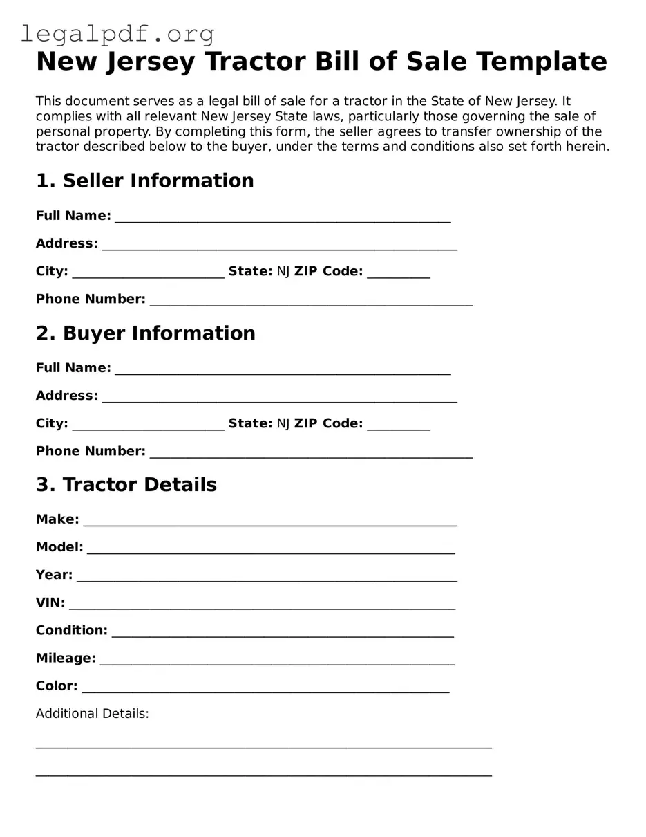 Valid  Tractor Bill of Sale Template for New Jersey