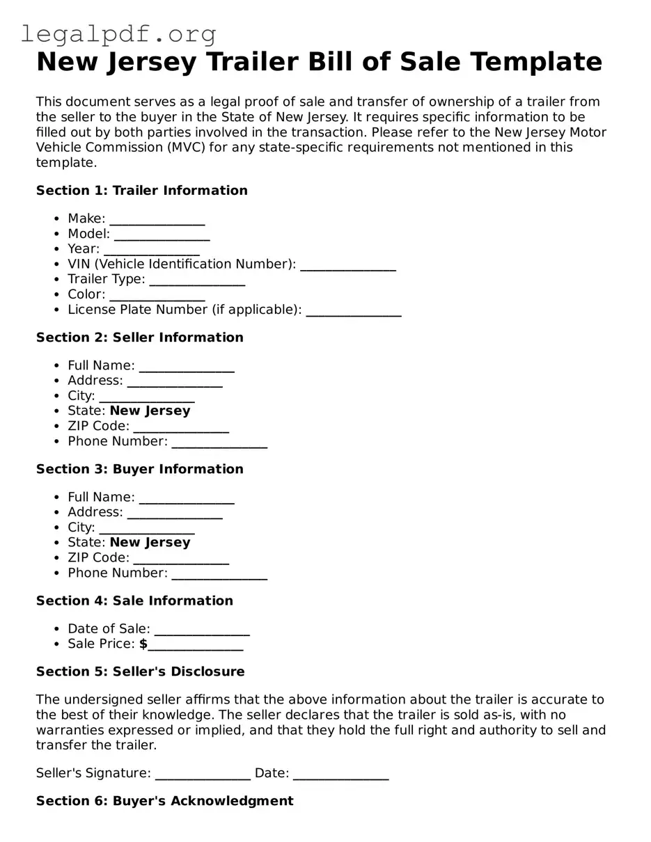 Valid  Trailer Bill of Sale Template for New Jersey