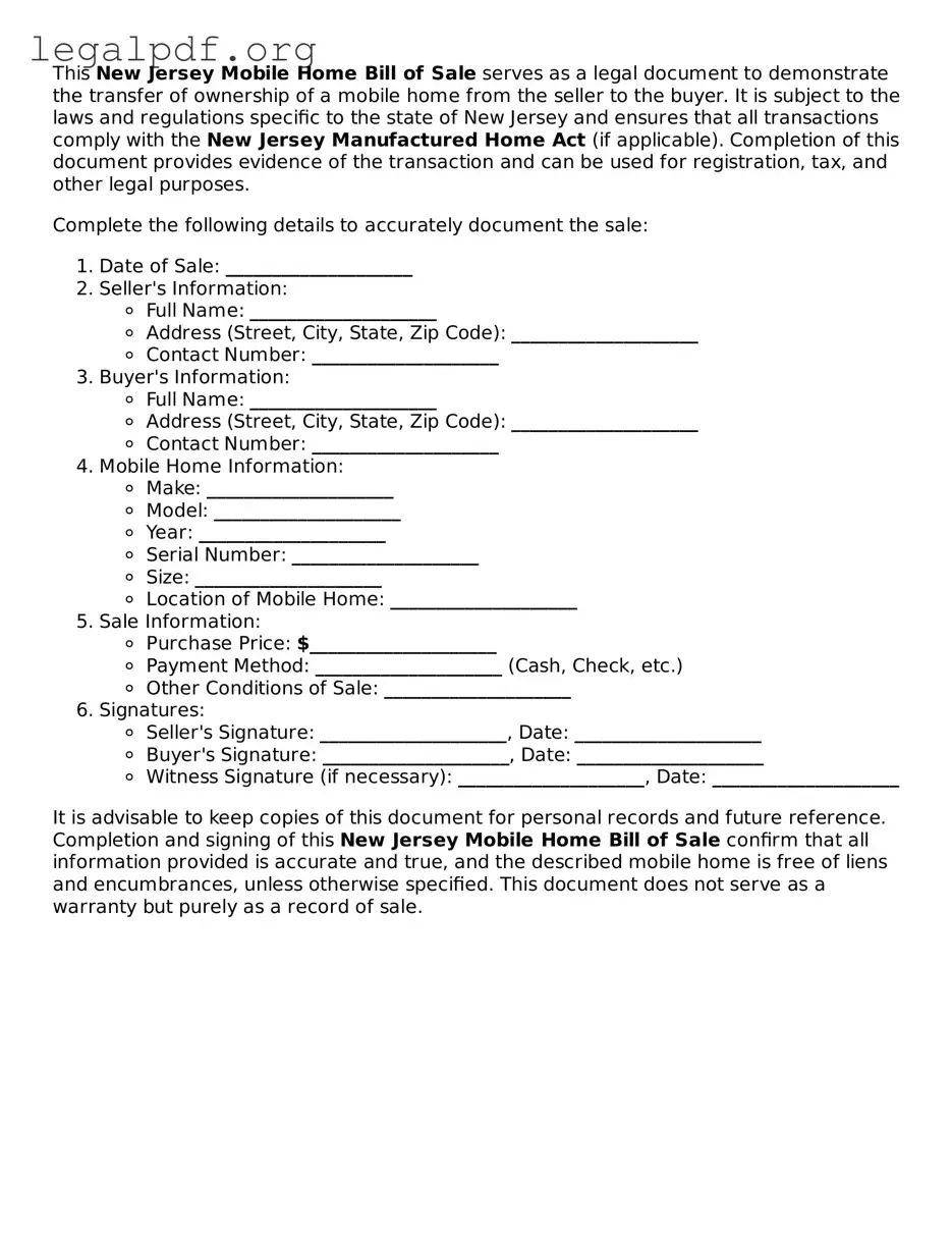 Valid  Mobile Home Bill of Sale Template for New Jersey