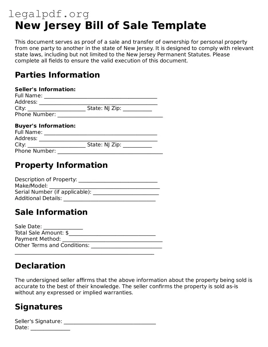 Valid  Bill of Sale Template for New Jersey