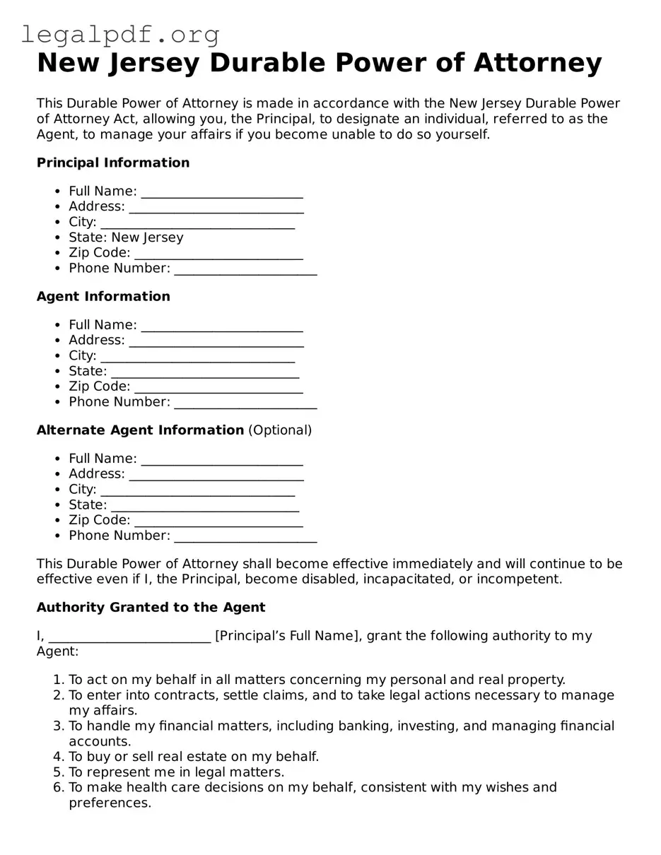 Valid  Durable Power of Attorney Template for New Jersey