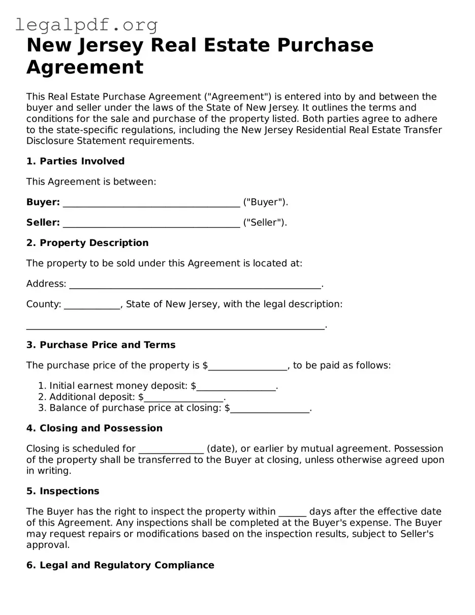 Valid  Real Estate Purchase Agreement Template for New Jersey