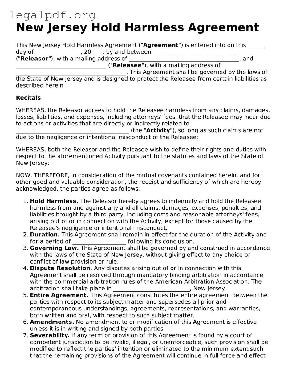 Valid  Hold Harmless Agreement Template for New Jersey
