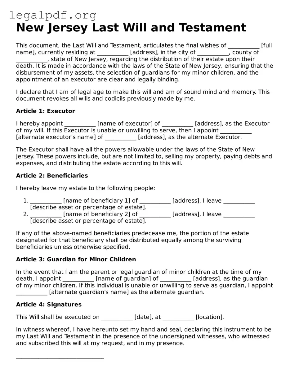 Valid  Last Will and Testament Template for New Jersey