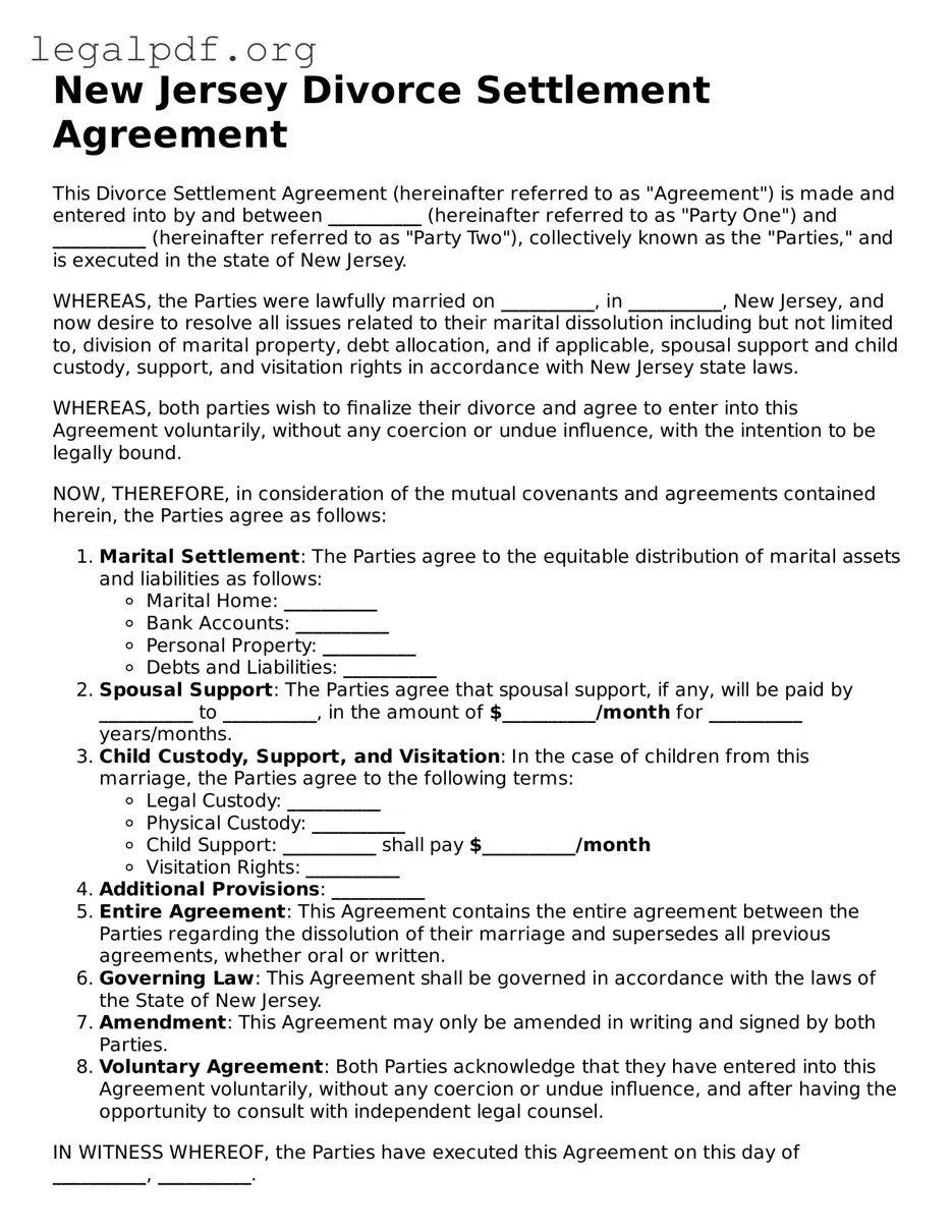 Valid  Divorce Settlement Agreement Template for New Jersey