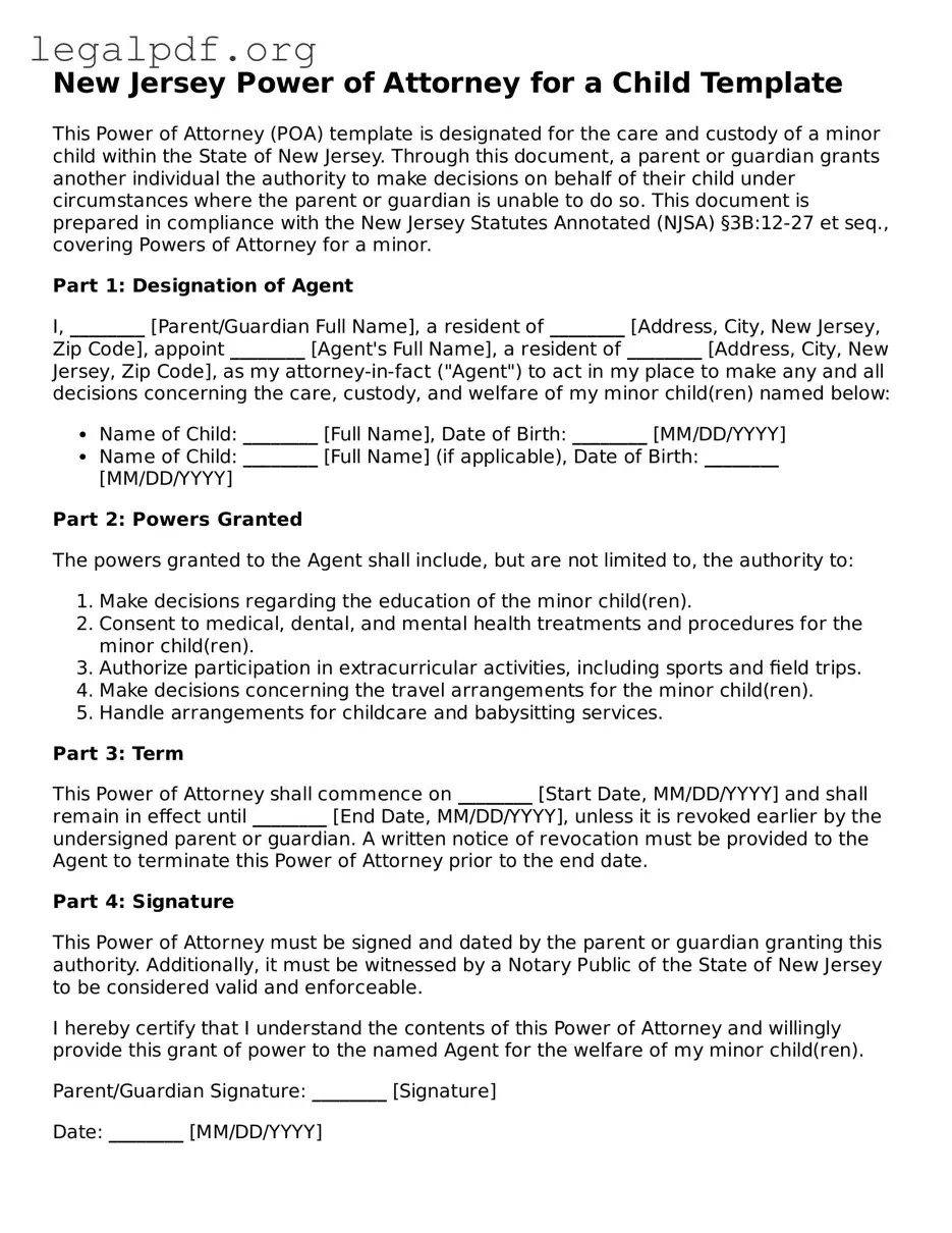 Valid  Power of Attorney for a Child Template for New Jersey