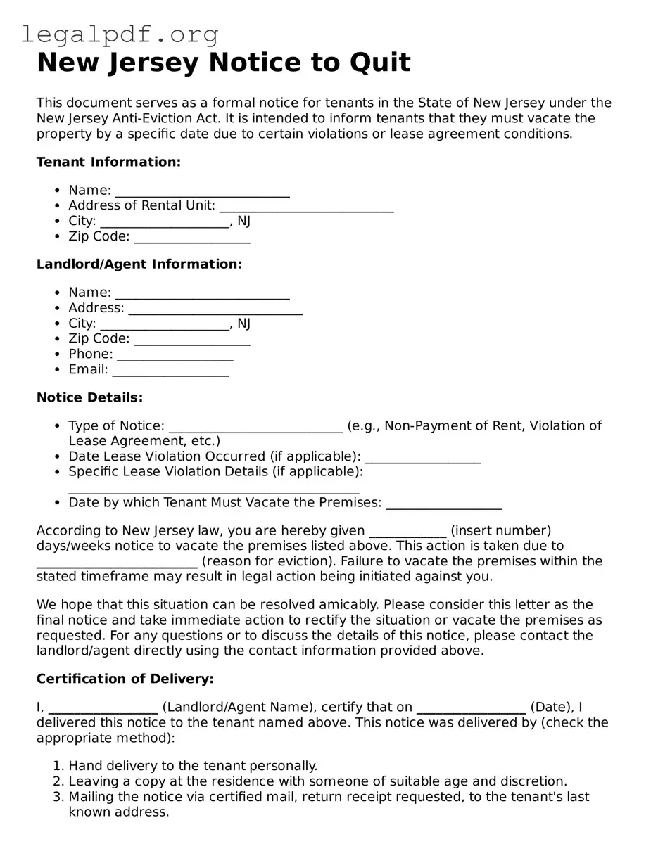 Valid  Notice to Quit Template for New Jersey